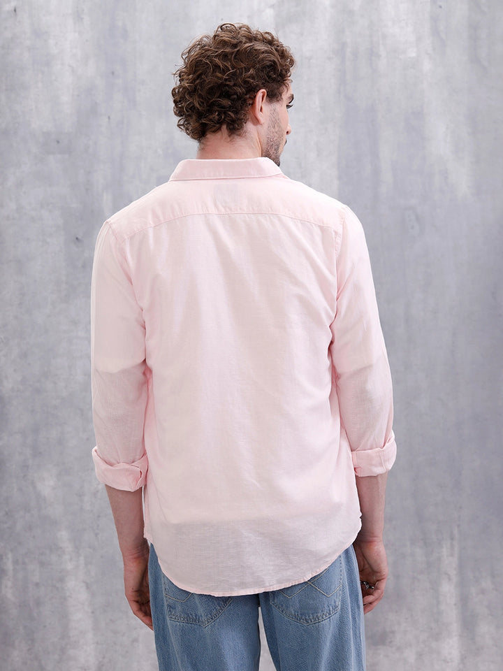 Solid Linen Blend Slim Fit Shirt | Pink