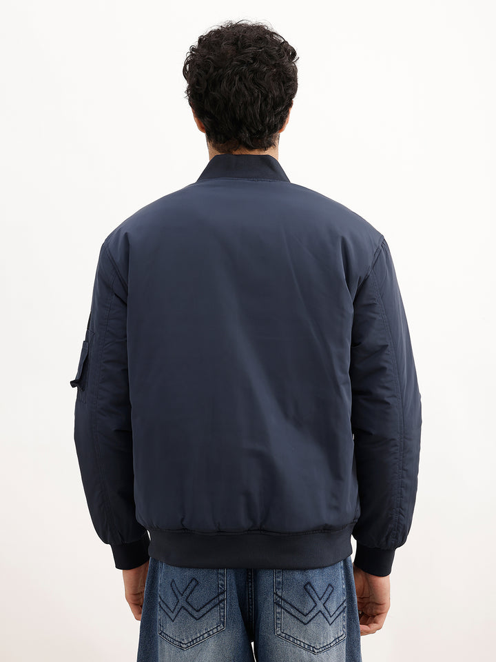 Solid Comfort Fit Puffer Bomber Jacket | Blue