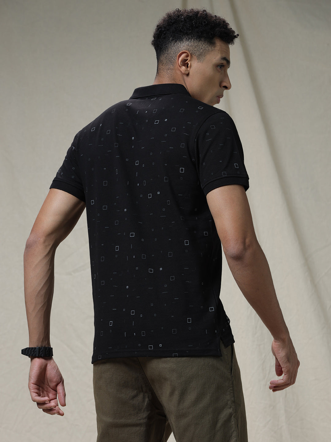 Printed Squares Black Polo T-Shirt