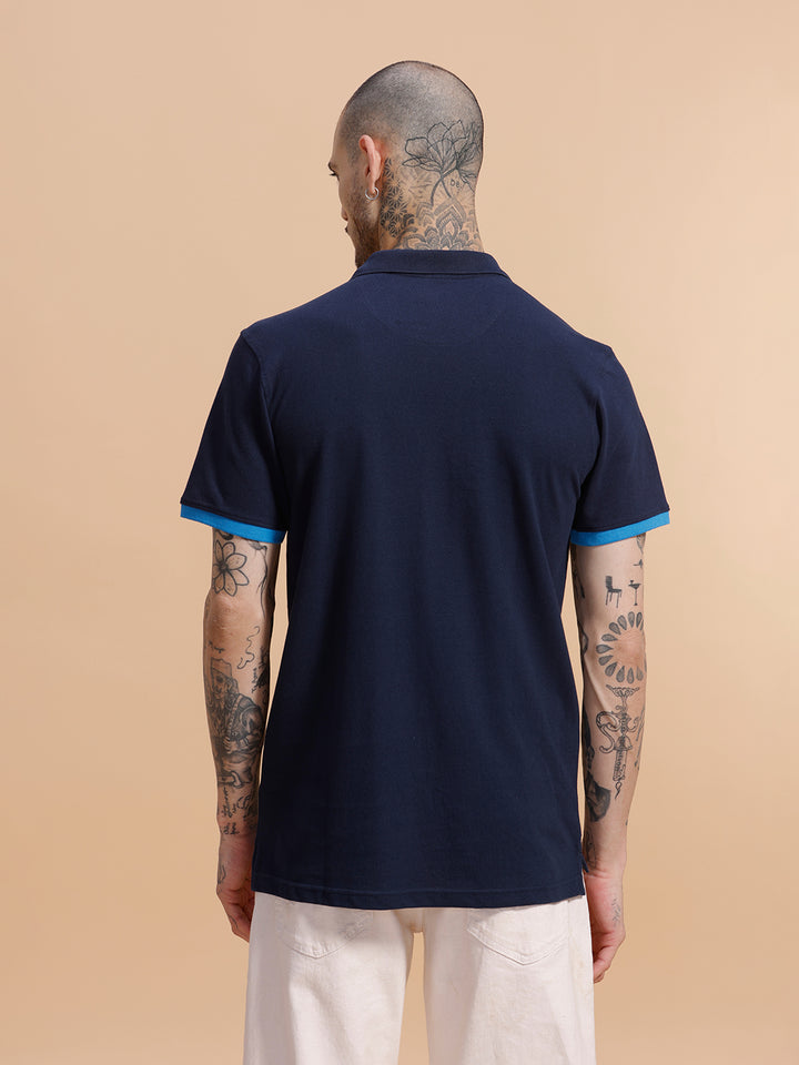 Contrast Rib Pique Polo T-Shirt  | Navy Blue