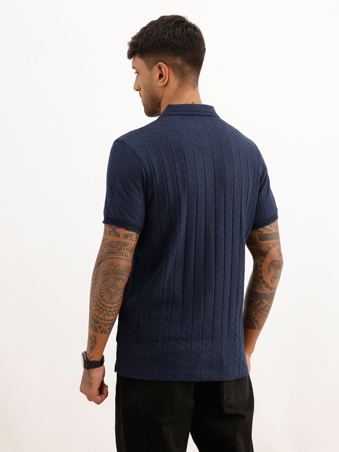 Solid Slim Fit Textured Polo T-Shirt | Navy Blue