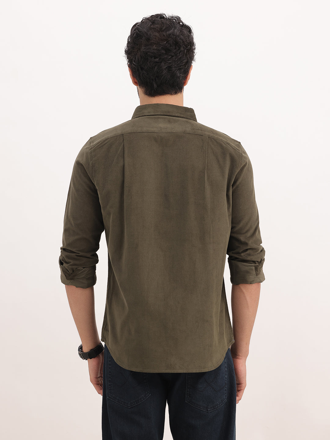 Slim Fit Solid Corduroy Shirt | Olive