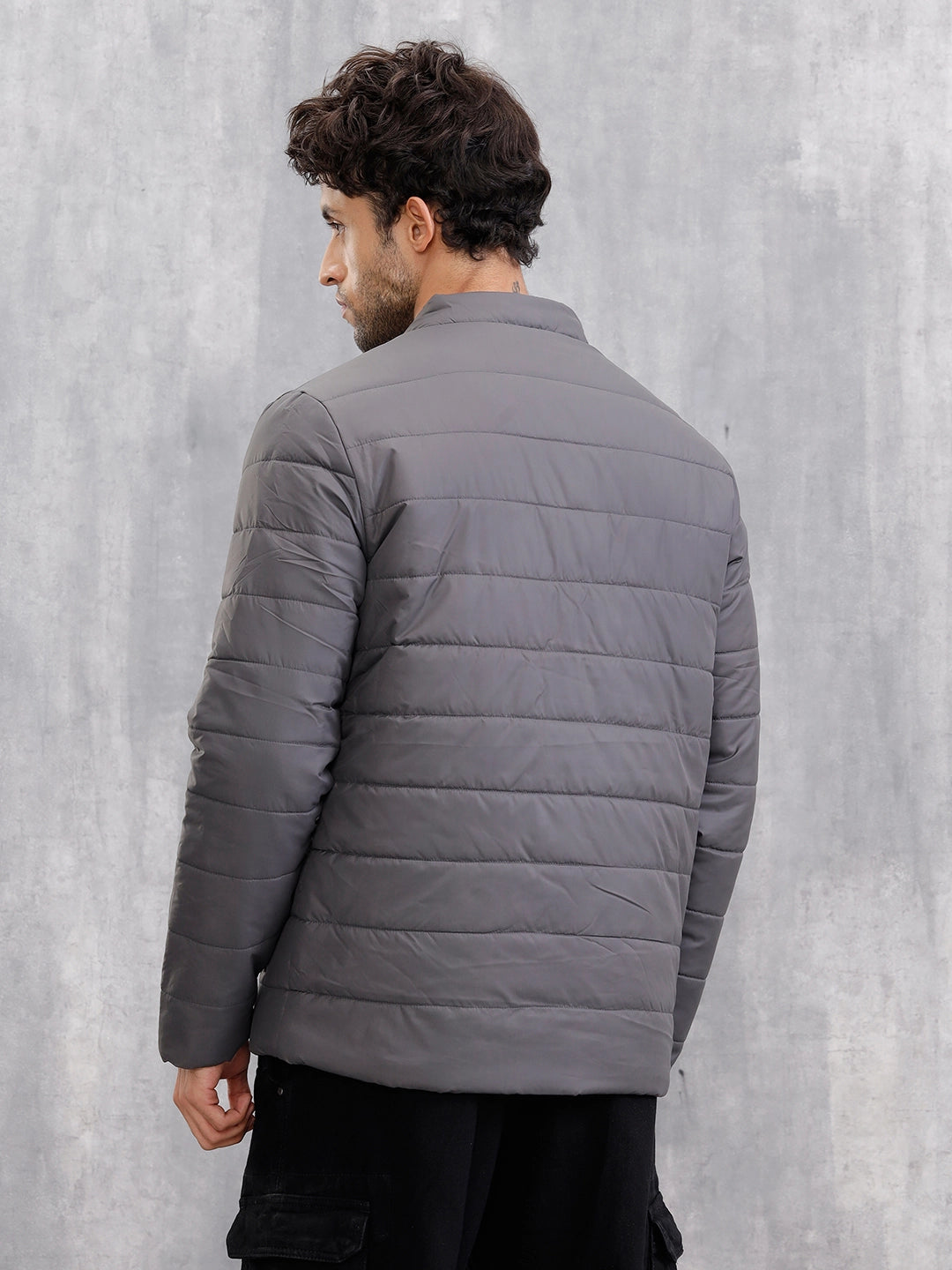 Quilted High Neck Regular Fit Jacket I Grey