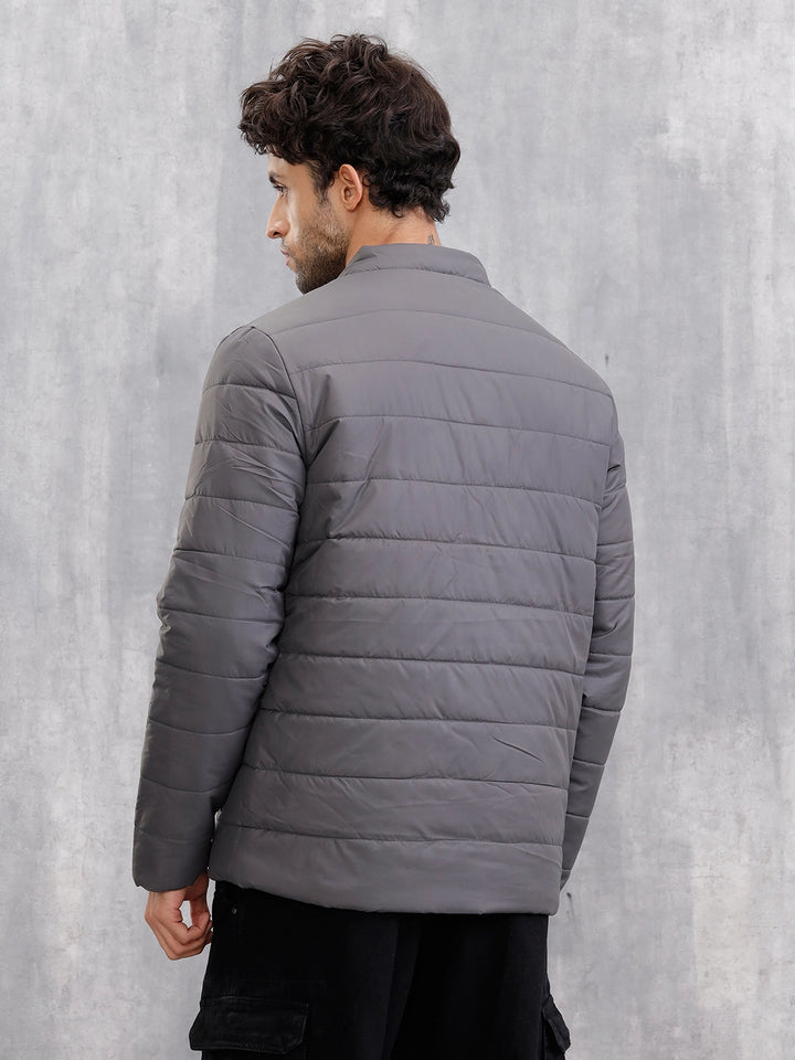 Quilted High Neck Regular Fit Jacket I Grey