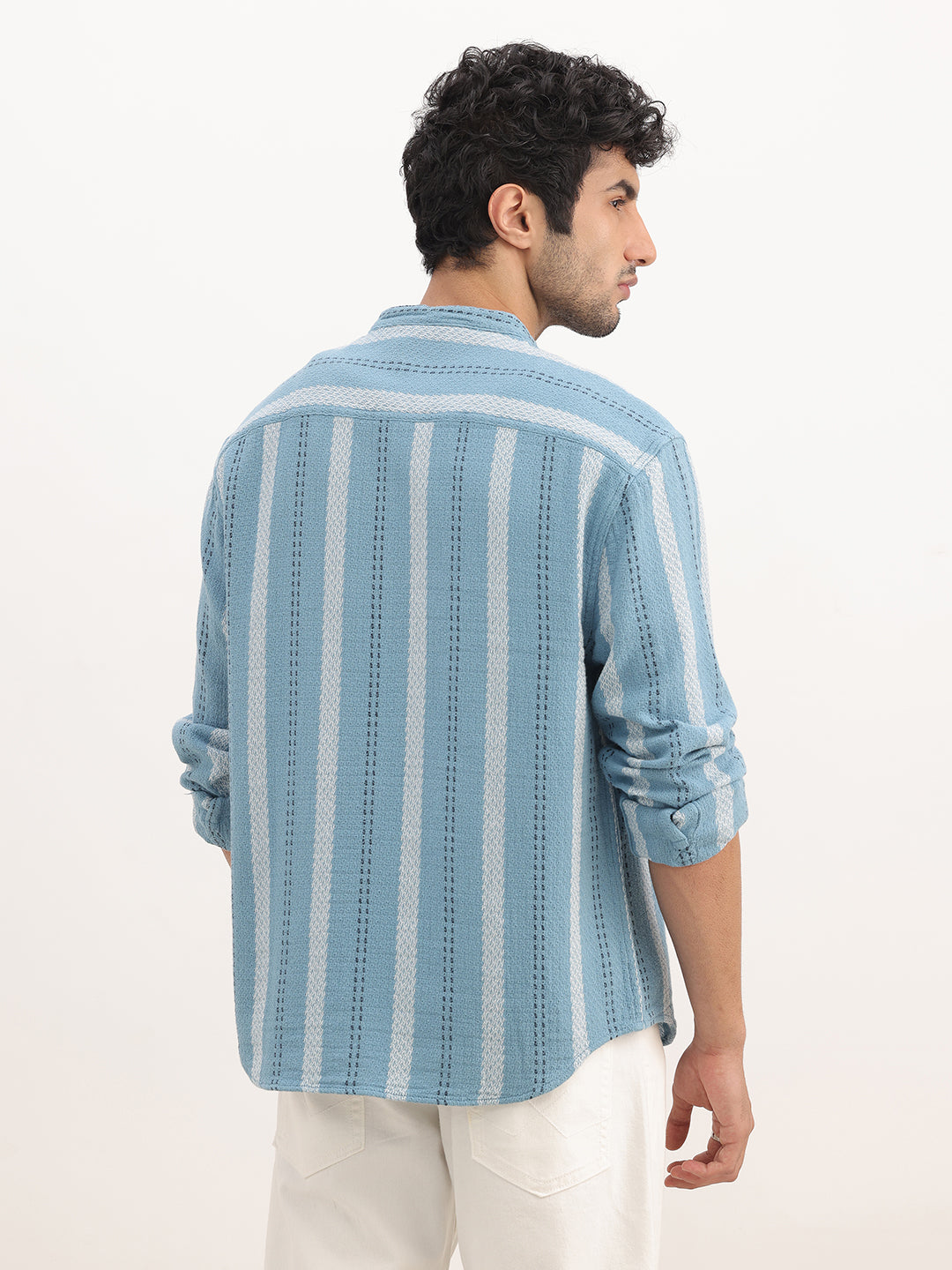 Comfort Fit Mandrin Collar Stripe Shirt | Blue