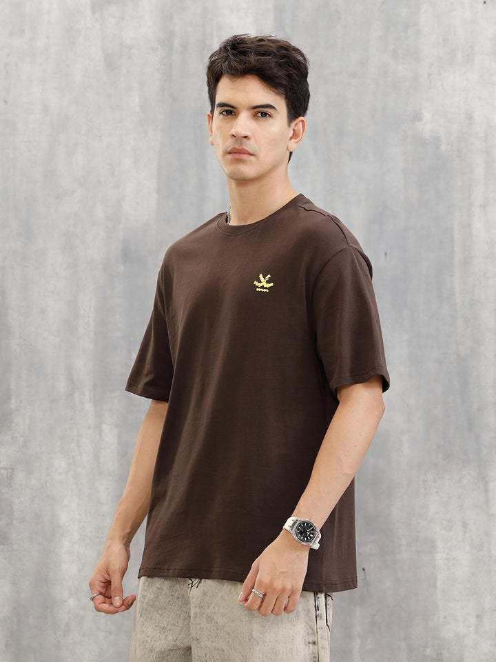 Embroidered & Printed Oversized T-Shirt | Brown