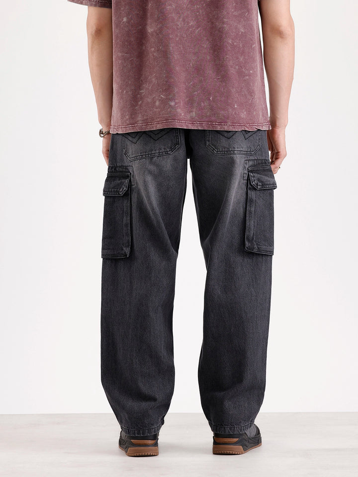 Washed Loose Fit Cargo Denim   |  Grey