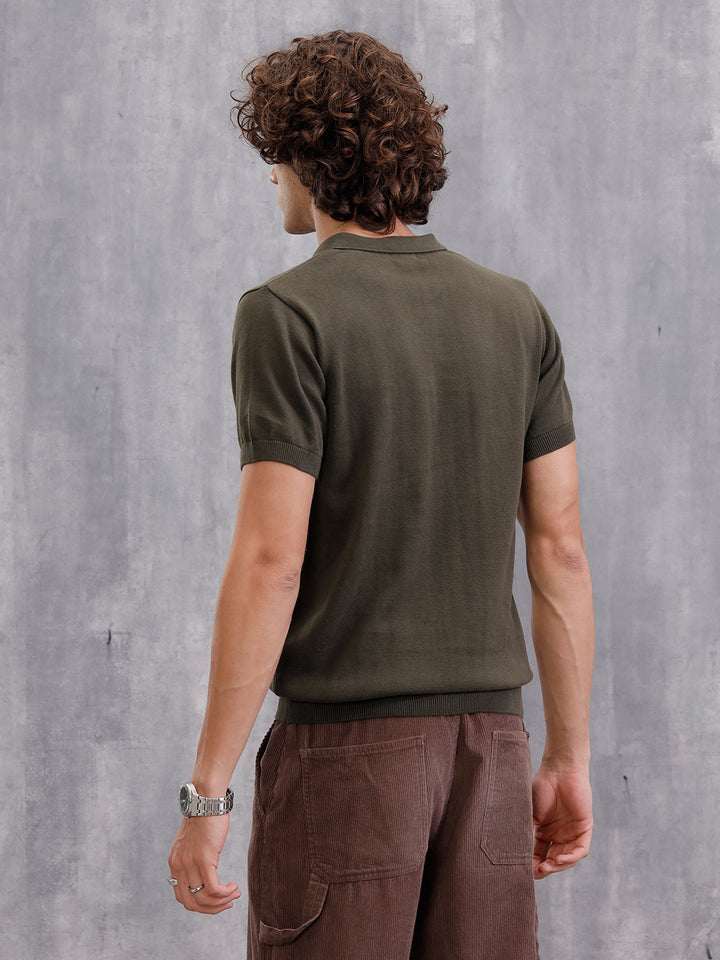 Premium Flat Knit Slim Fit Polo T-Shirt | Olive