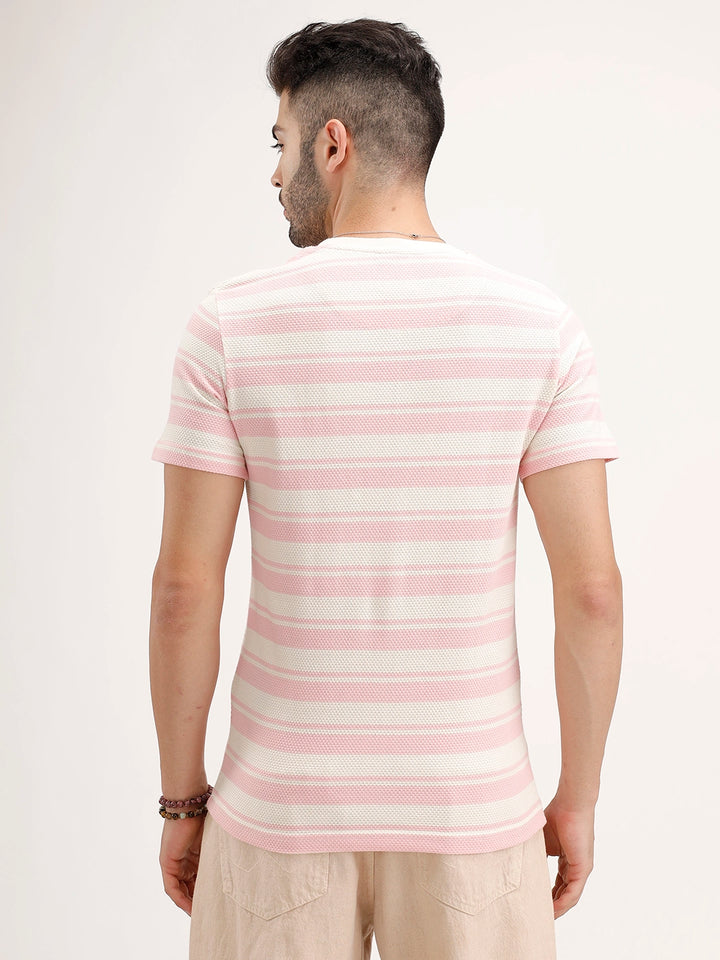 Slim Fit Textured Striped T-Shirt | Pink