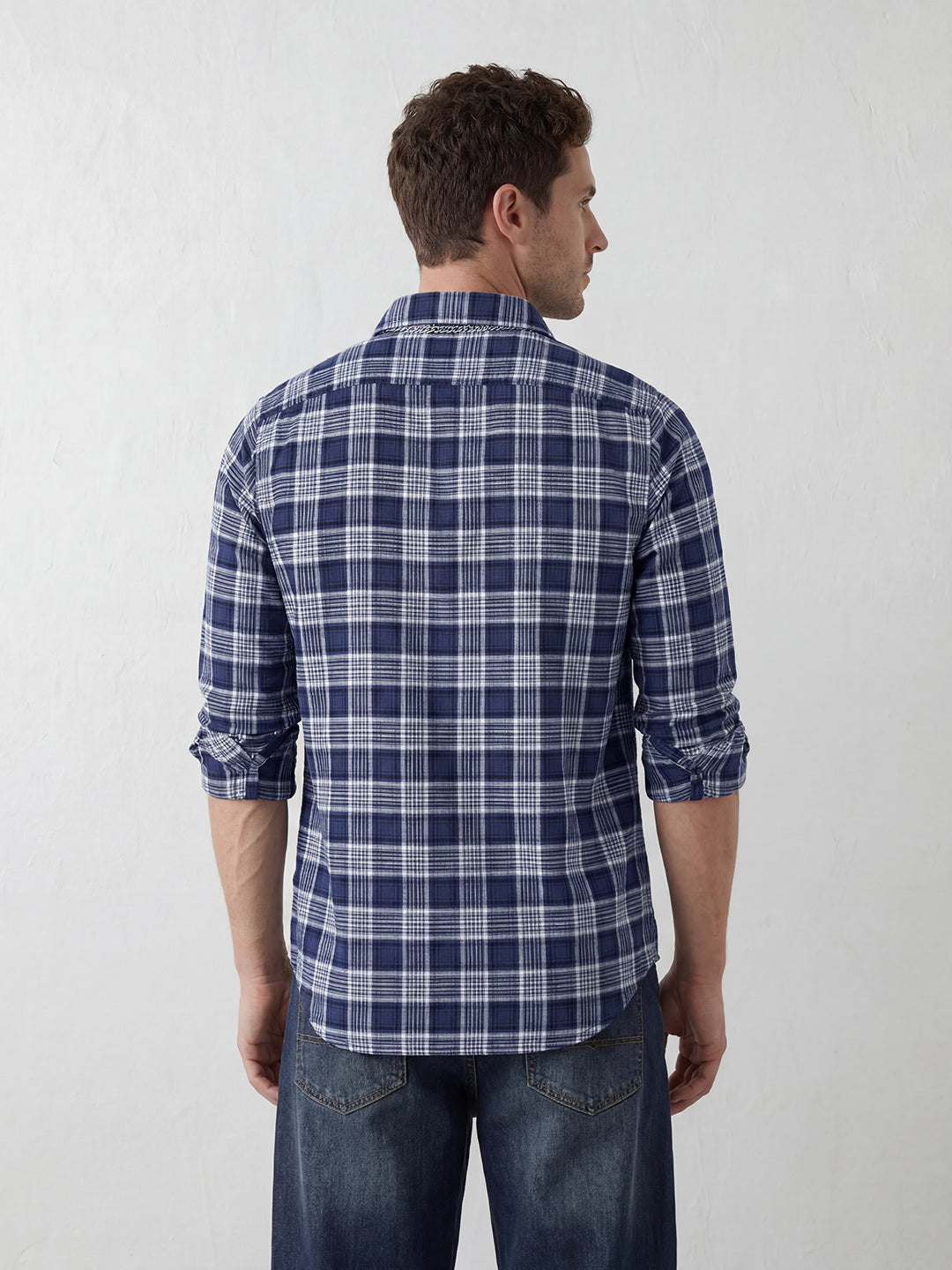 Refined Checks Slim fit Signature Embroidery shirt | Navy Blue