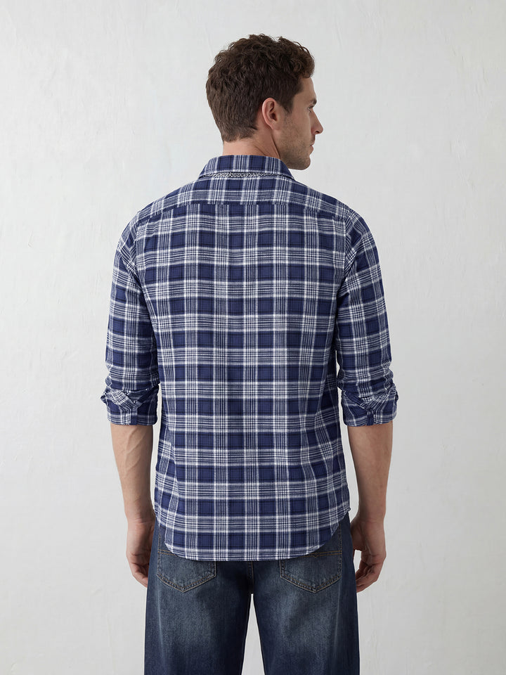 Refined Checks Slim fit Signature Embroidery shirt | Navy Blue