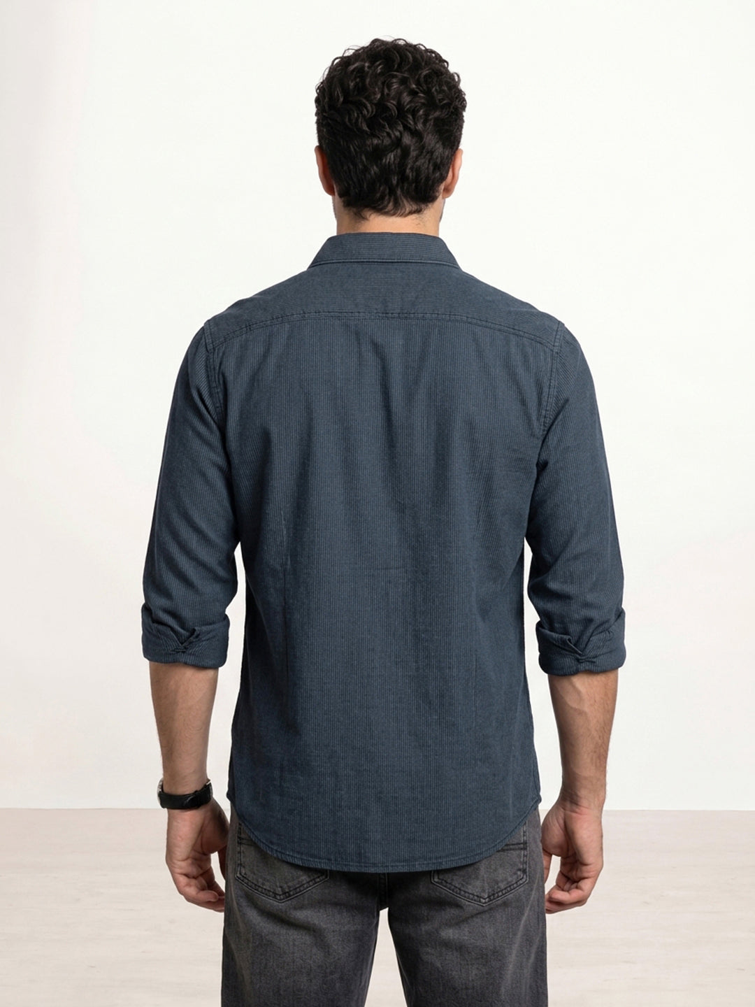 Solid Textured Oversized Fit Full Sleeve Shirt | Dark Blue