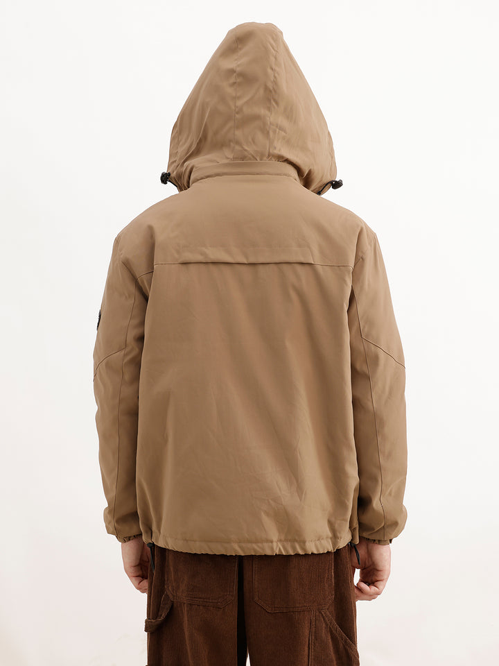 Solid Comfort Fit Hooded Jacket | Brown