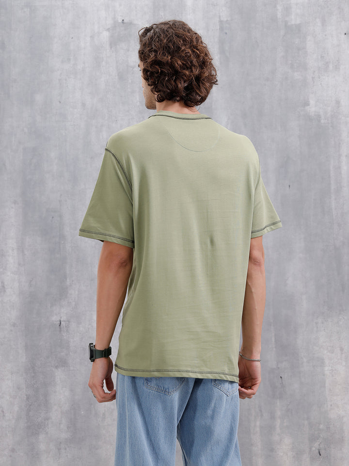 Raw Edge & Stitch Detail Oversized Fit T-Shirt | Green
