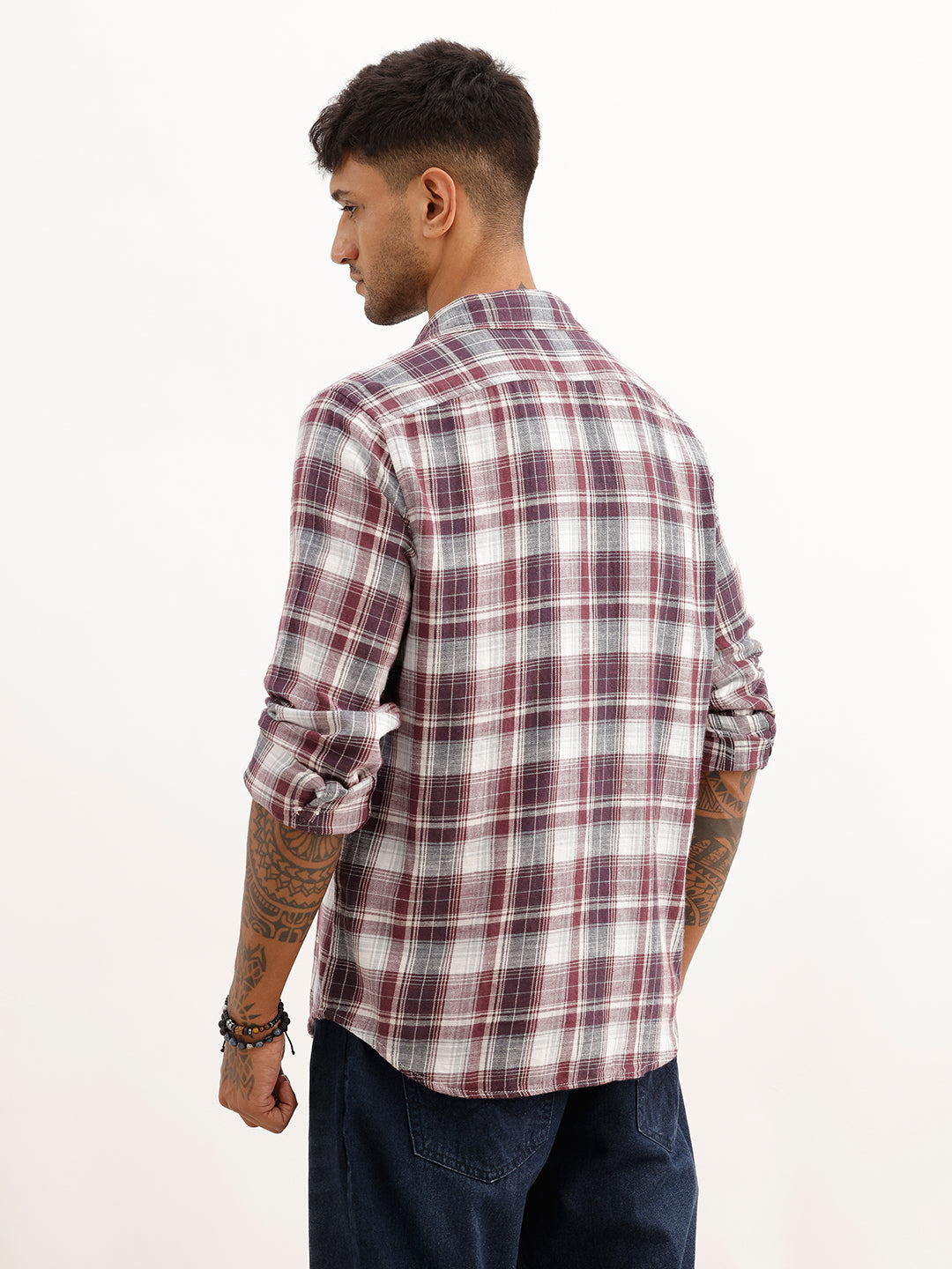 Slim Fit Checkered Full Sleeve Shirt | Maroon