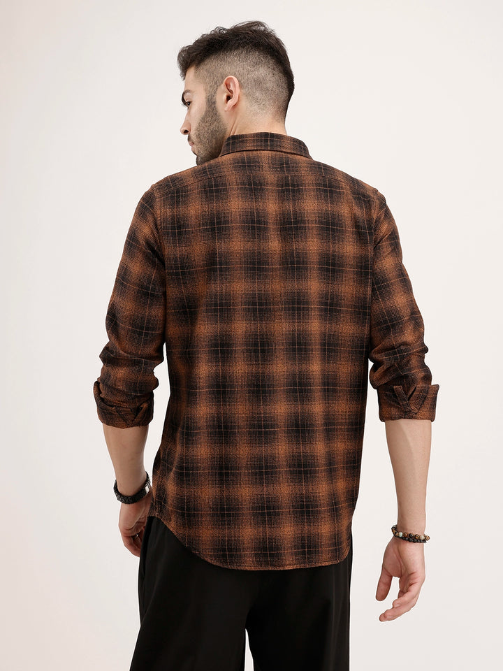 Classic Slim Fit Checkered Shirt | Brown