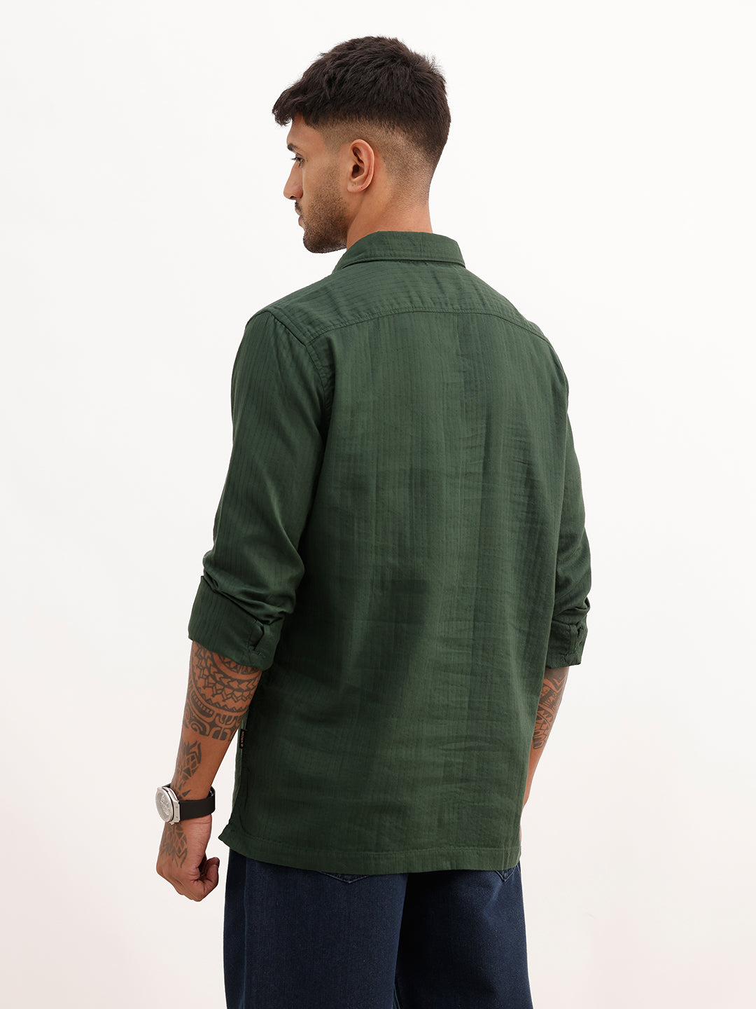 Textured Half Placket Full Sleeve Shirt | Dark Green