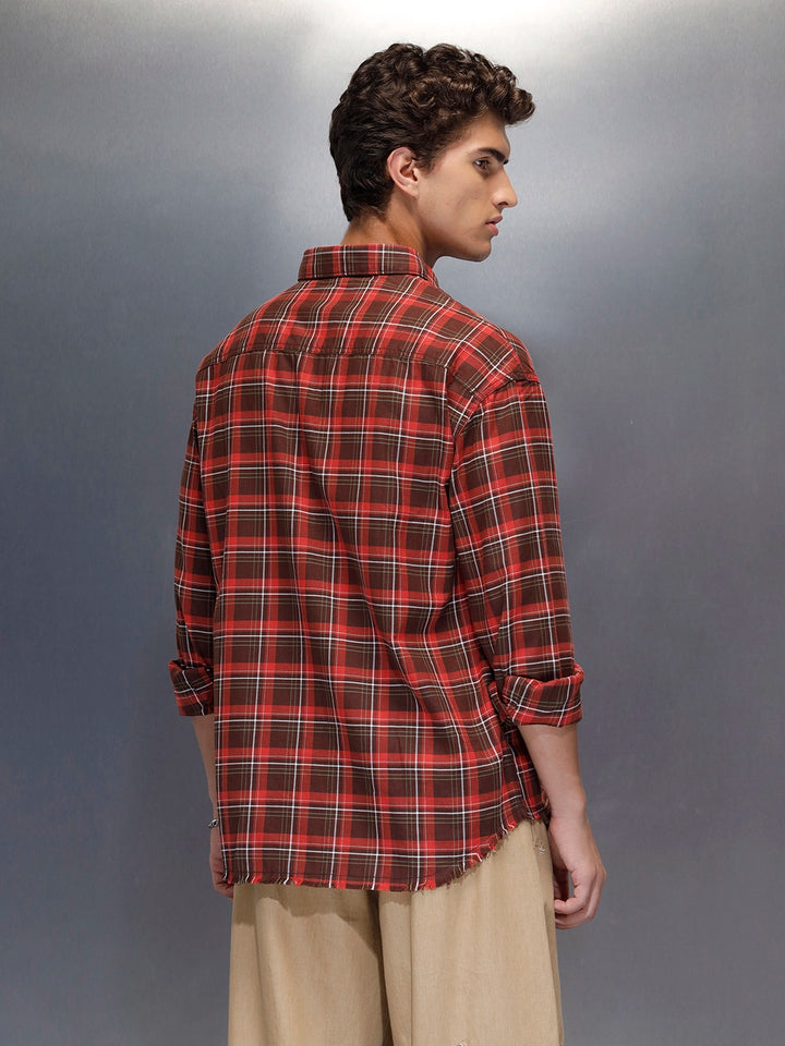 Men's oversize raw hem detail check shirt  | Brown
