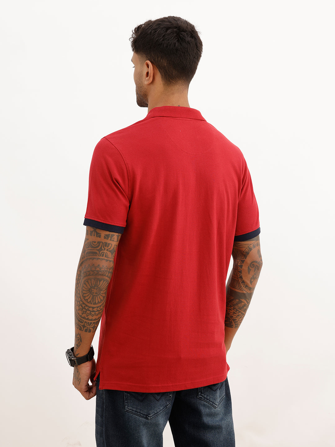 Regular Fit Contrast Sleeve Polo T-Shirt | Red
