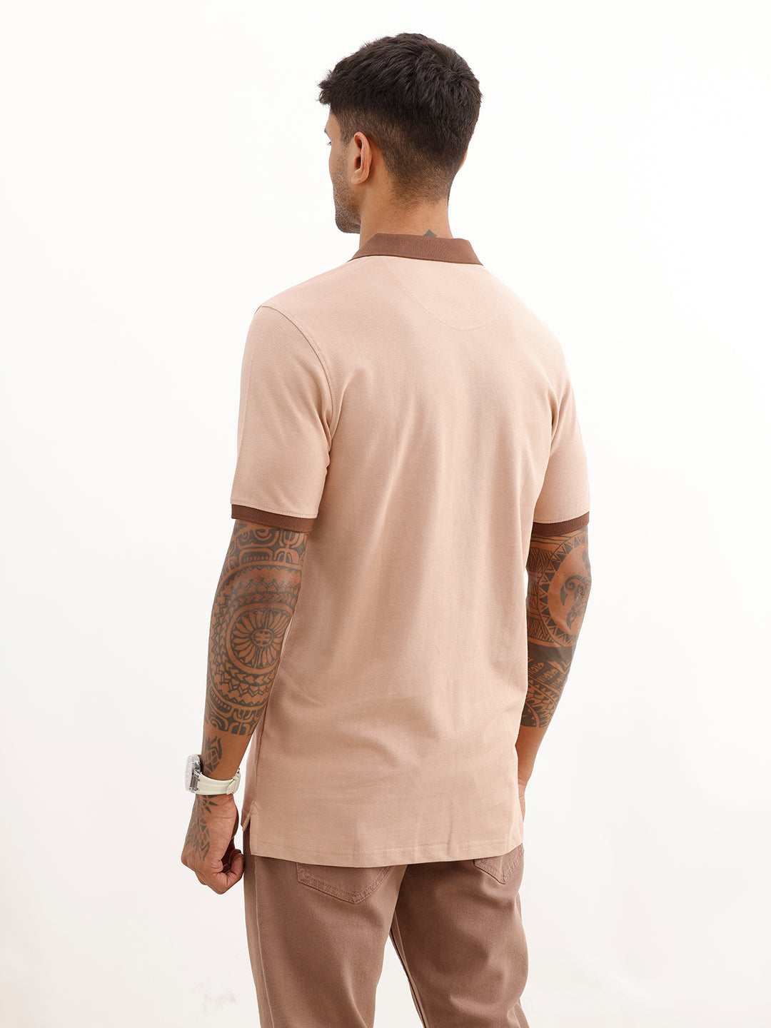 Slim Fit Contrast Collar Polo T-Shirt | Light Brown