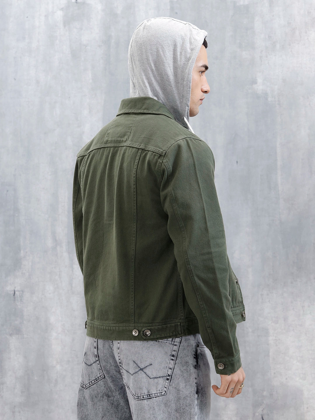 Wrogn Men's Casual Hooded Denim Jacket | Olive