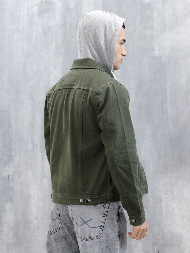 Wrogn Men's Casual Hooded Denim Jacket | Olive