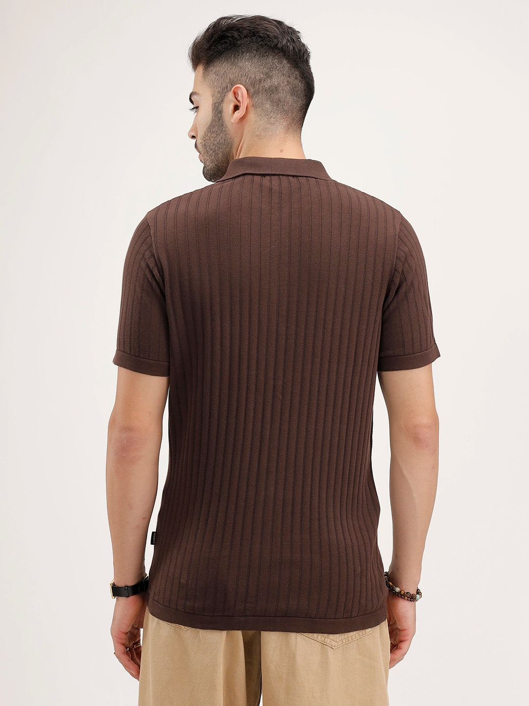 Slim Fit Textured Half Sleeve Shirt | Brown