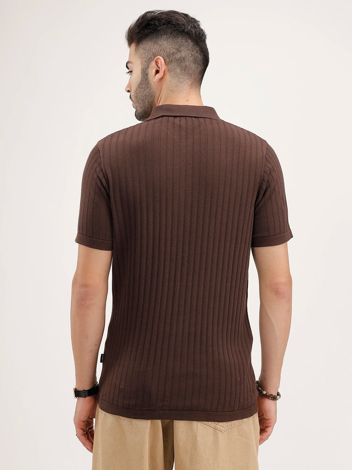 Slim Fit Textured Half Sleeve Shirt | Brown
