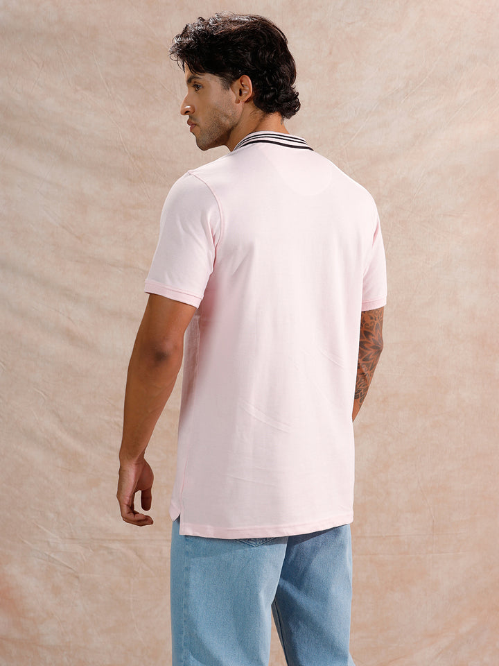 Contrast Striped Collar Polo T-Shirt | Light Pink