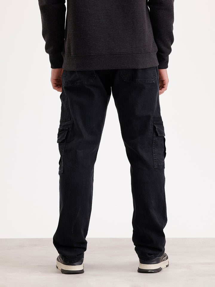 Solid Relaxed Fit Denim Cargo  | Black