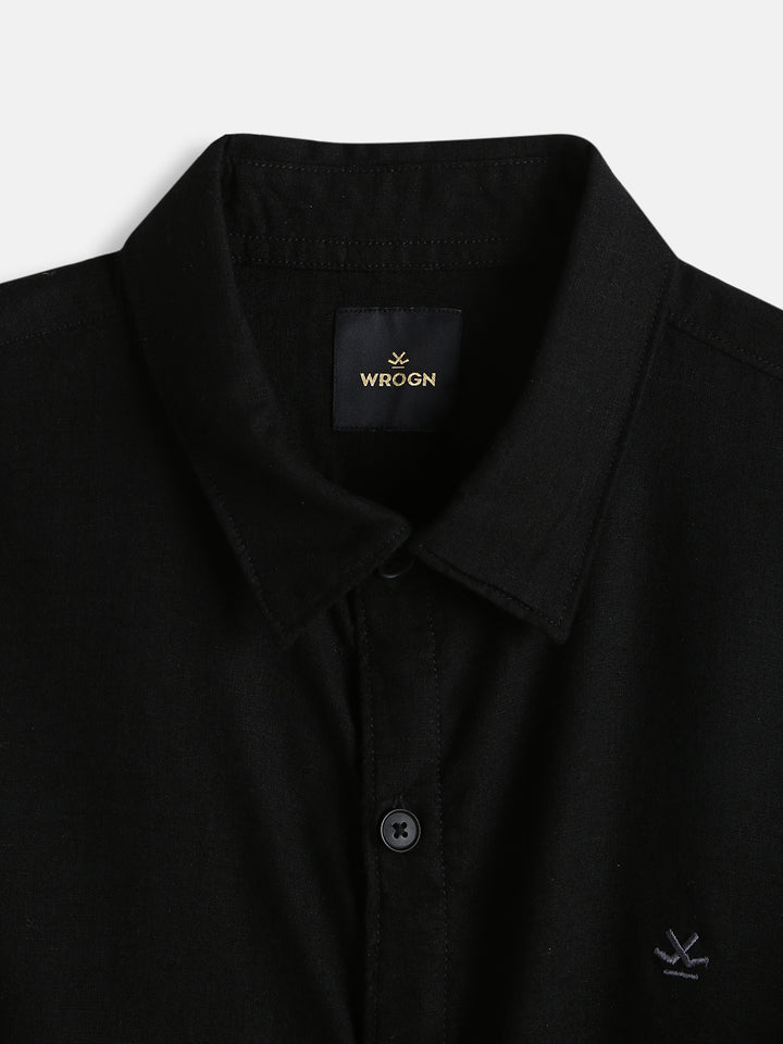 Solid Short Sleeve Linen Blend Shirt | Black