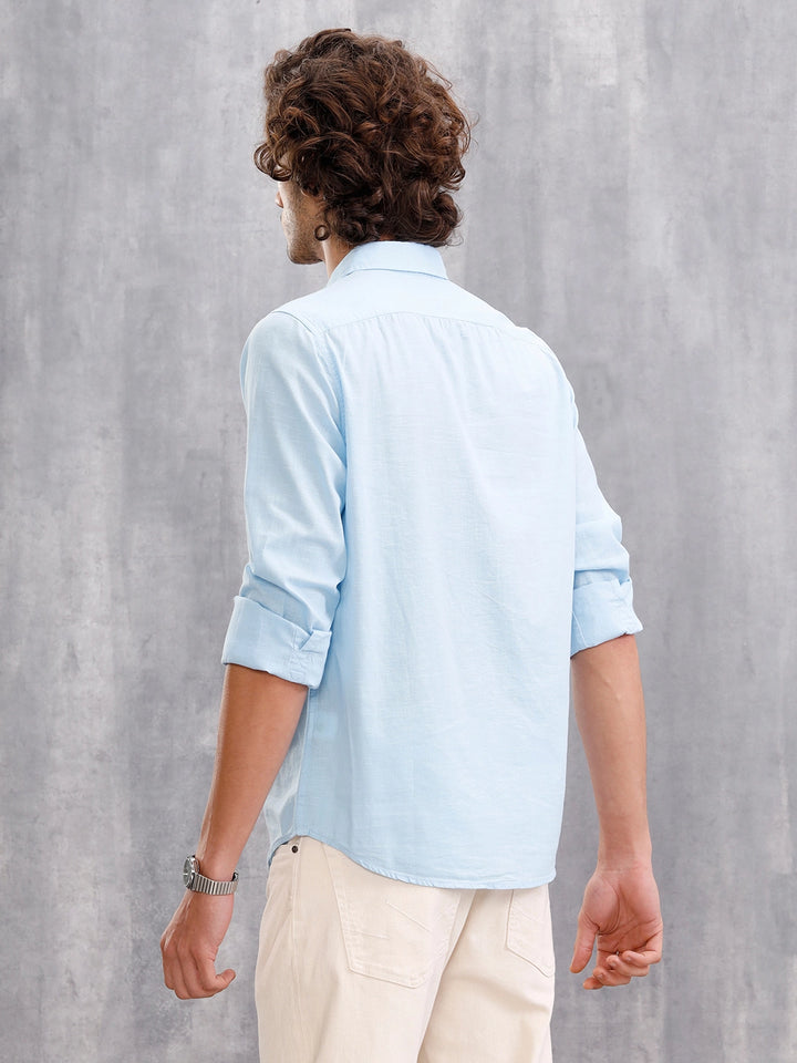Solid Cotton Slub Slim Fit Causal Look Shirt | Light Blue