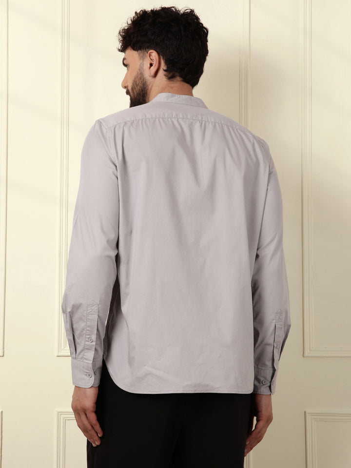 Grey Oxford Mandarin Collar Shirt