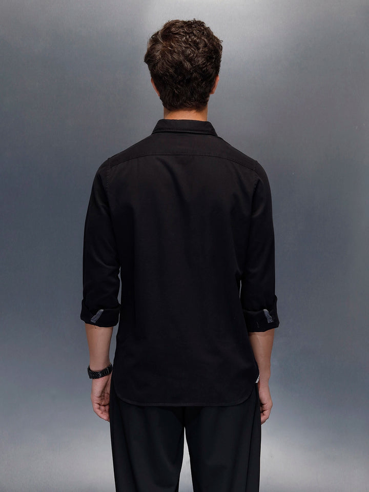 Men's casual slim fit shirt with typographic placket detail  | Black