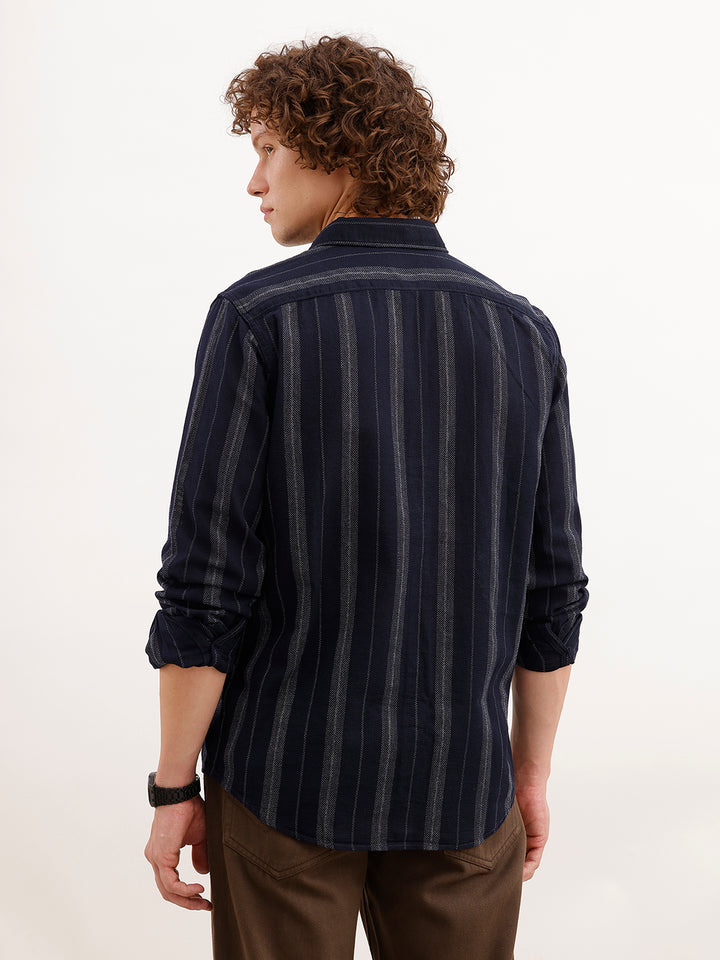 Slim Fit Striped Full Sleeve Shirt | Dark Blue