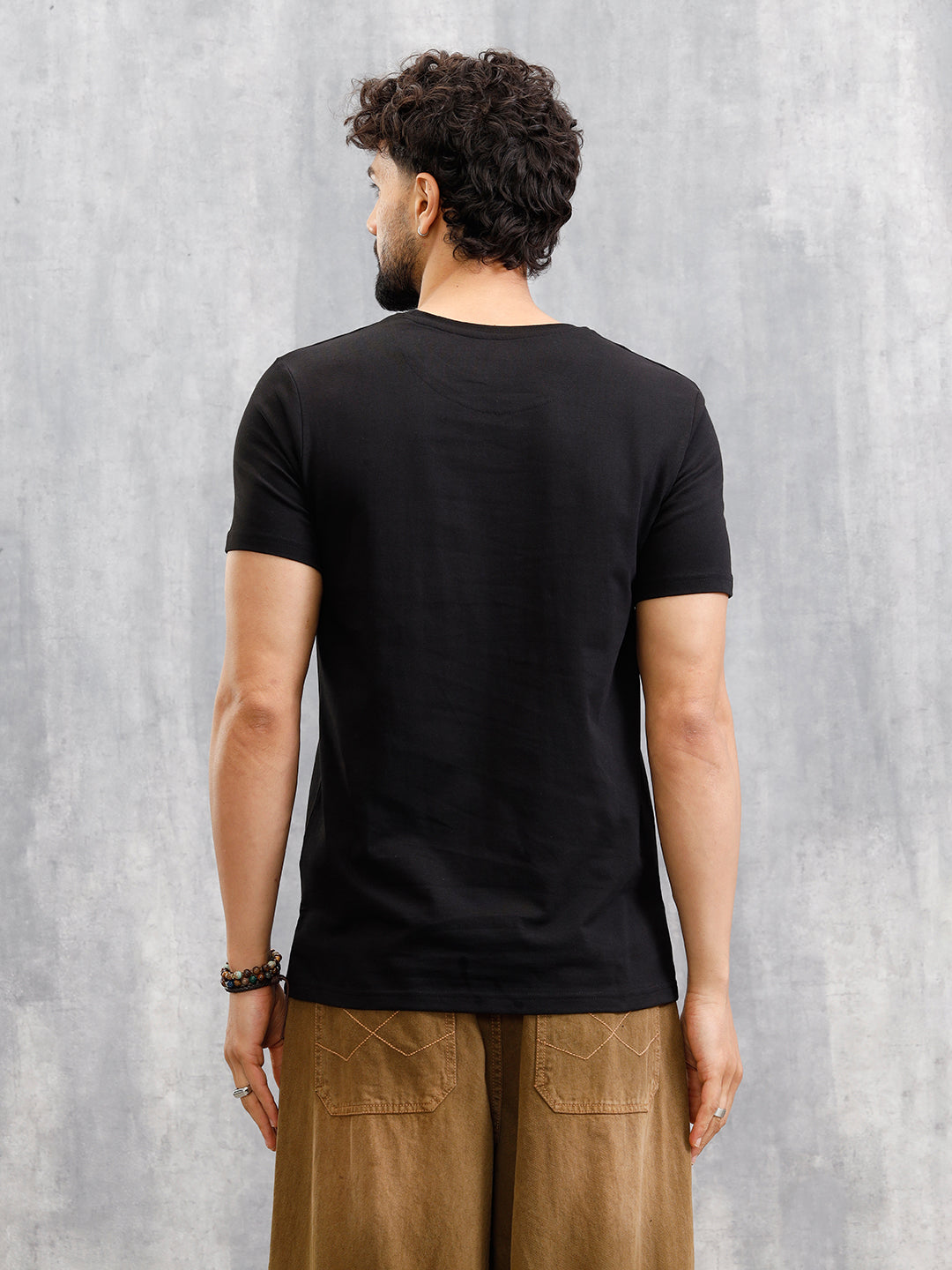 Textured Laser Cut Transfer Print Brand Carrier Crew Neck T-Shirt | Black