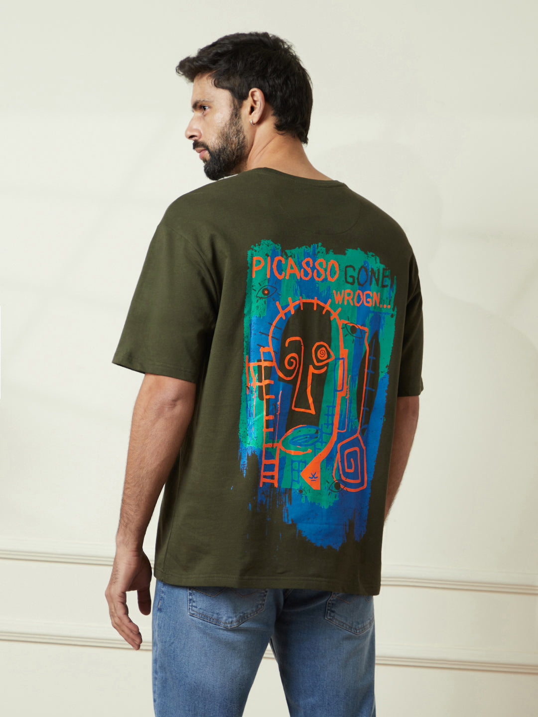 Picasso Gone Wrogn Back Printed T-Shirt in Olive