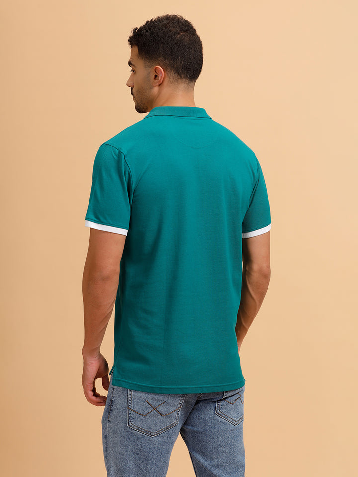 Contrast Detail Slim Fit Polo T-Shirt | Teal