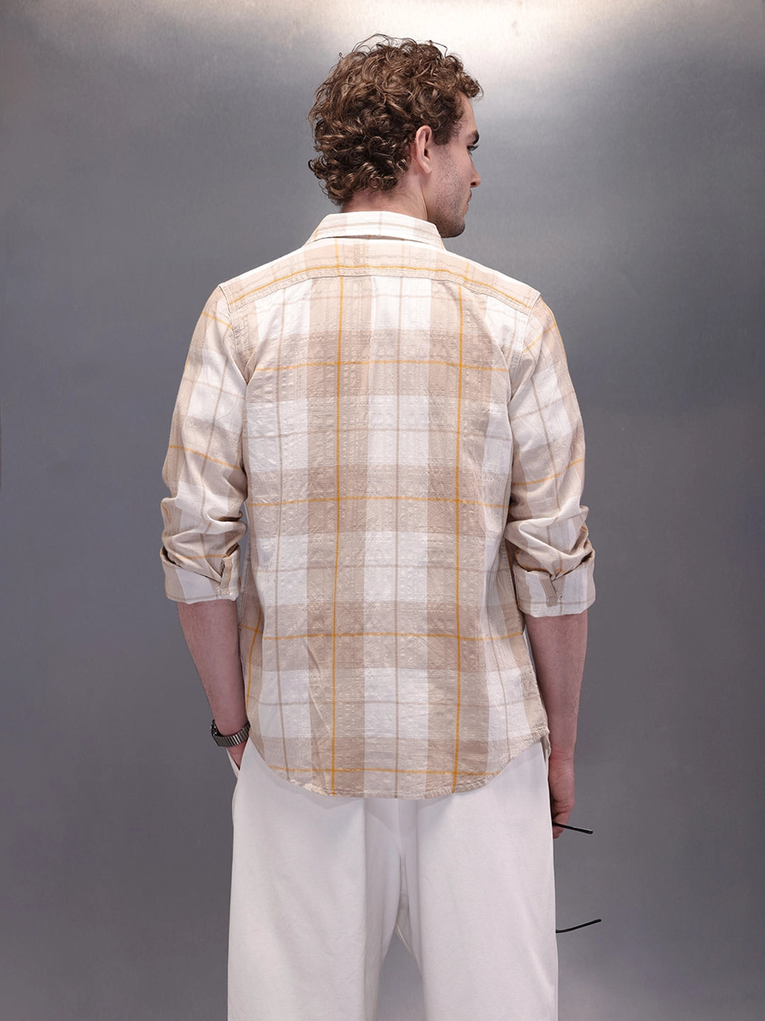 Textured Checkes Dobby Shirt  | Khaki