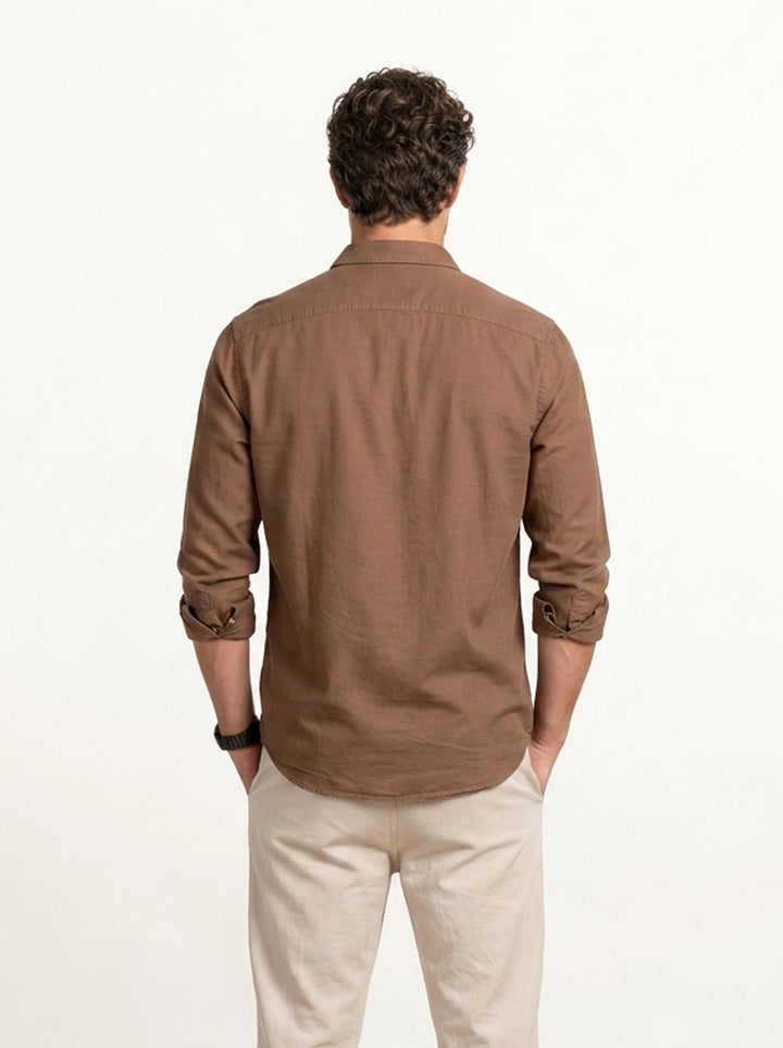 Solid Slim Fit Mandrin Collar Shirt | Brown