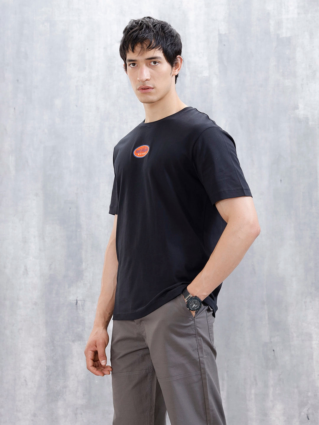 Wrogn Men's Badge Printed Graphic T-Shirt | Black