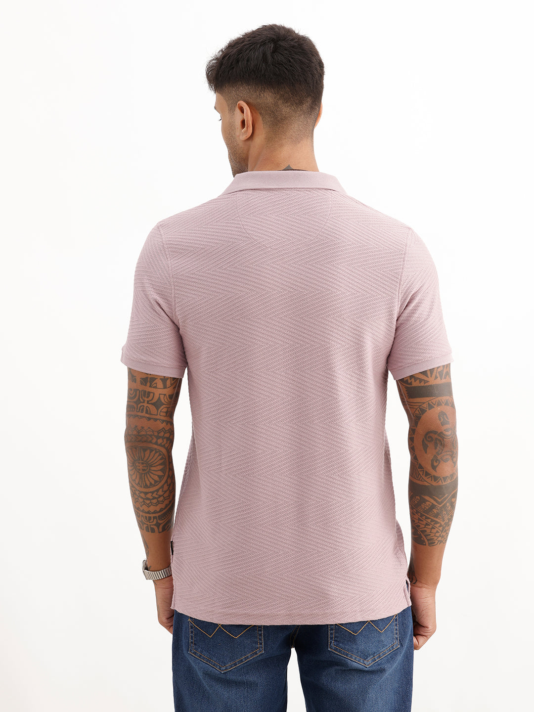 Solid Slim Fit Textured Polo T-Shirt | Pink