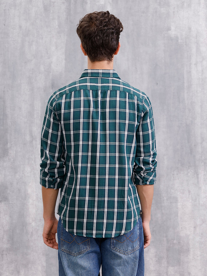 Textured Cotton Dobby Check Shirt  | Green