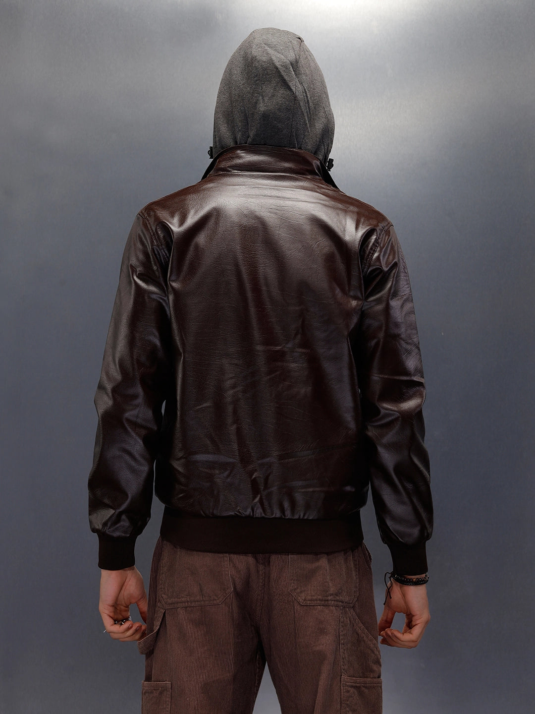 Faux Leather Mock Layer Hooded Jacket | Dark Brown