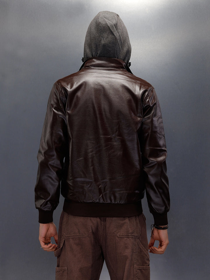 Faux Leather Mock Layer Hooded Jacket | Dark Brown