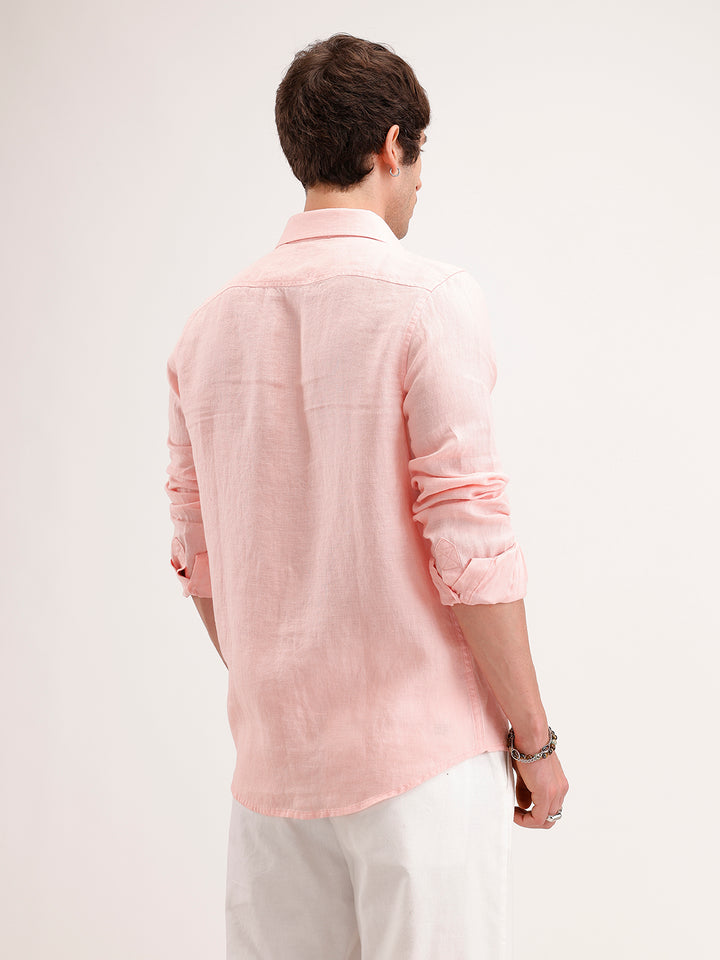 Solid Slim Fit Linen Shirt | Pink