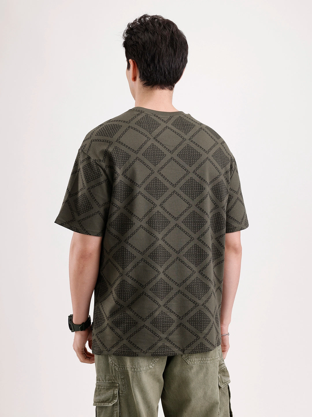 Oversized Popcorn Textured AOP T-Shirt | Olive