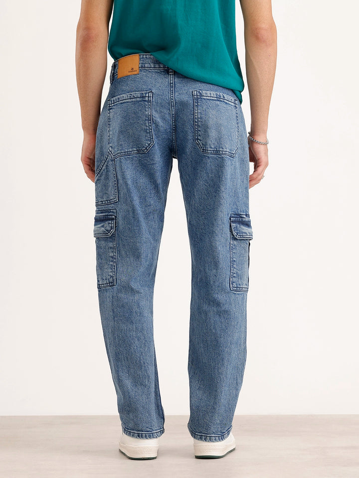 Relaxed Fit Cargo Denim Jeans | Light Blue