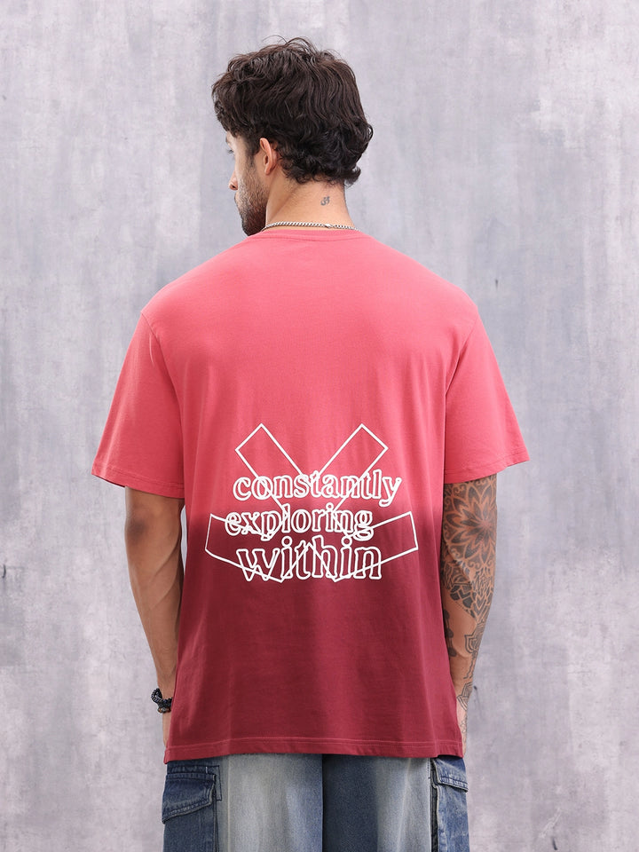 Ombre Dyed Back Graphic Printed Oversized Fit T-Shirt | Red