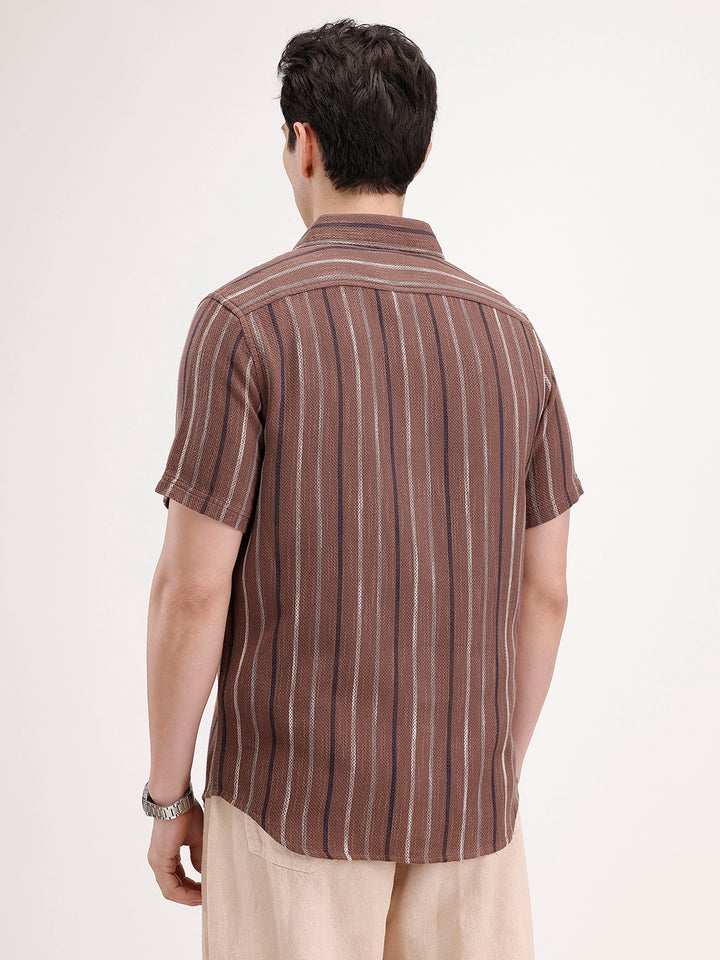Slim Fit Textured Striped Shirt | Brown